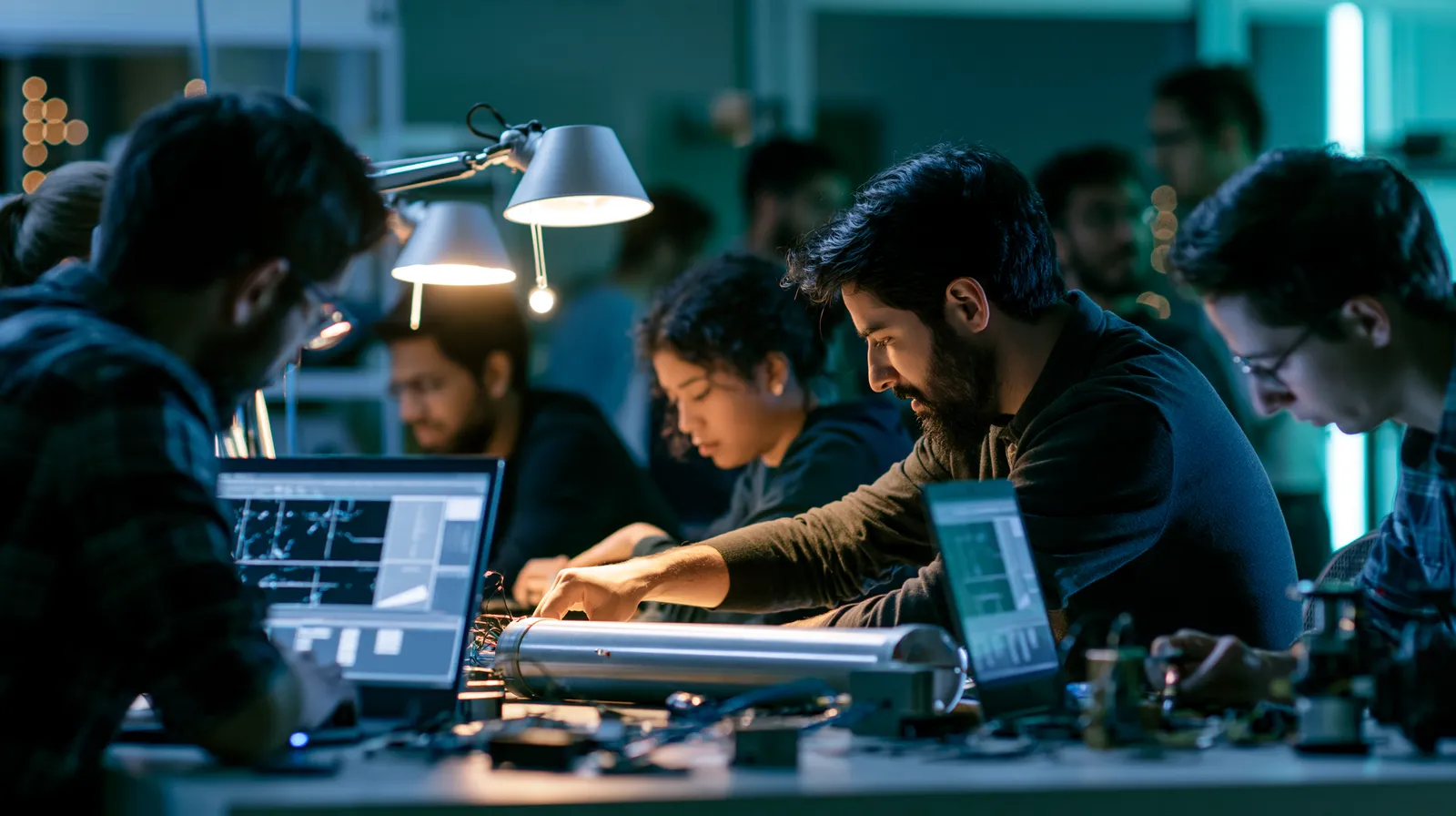 Illustration: researchers and students assembling instrument hardware at a university lab bench